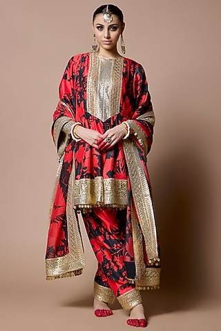 Red & Black Soft Silk Suzani Printed Kurta Set by Ranbir Mukherjee