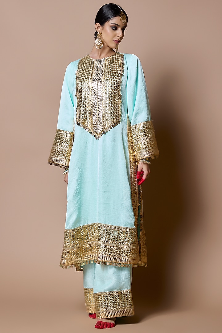 Sky Blue Soft Silk Gota-Patti Embroidered Kurta Set by Ranbir Mukherjee at Pernia's Pop Up Shop