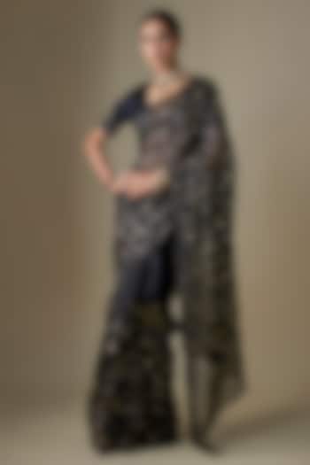 Black Pure Silk Organza Pitta Hand Embroidered Wedding Saree Set by Ranbir Mukherjee at Pernia's Pop Up Shop