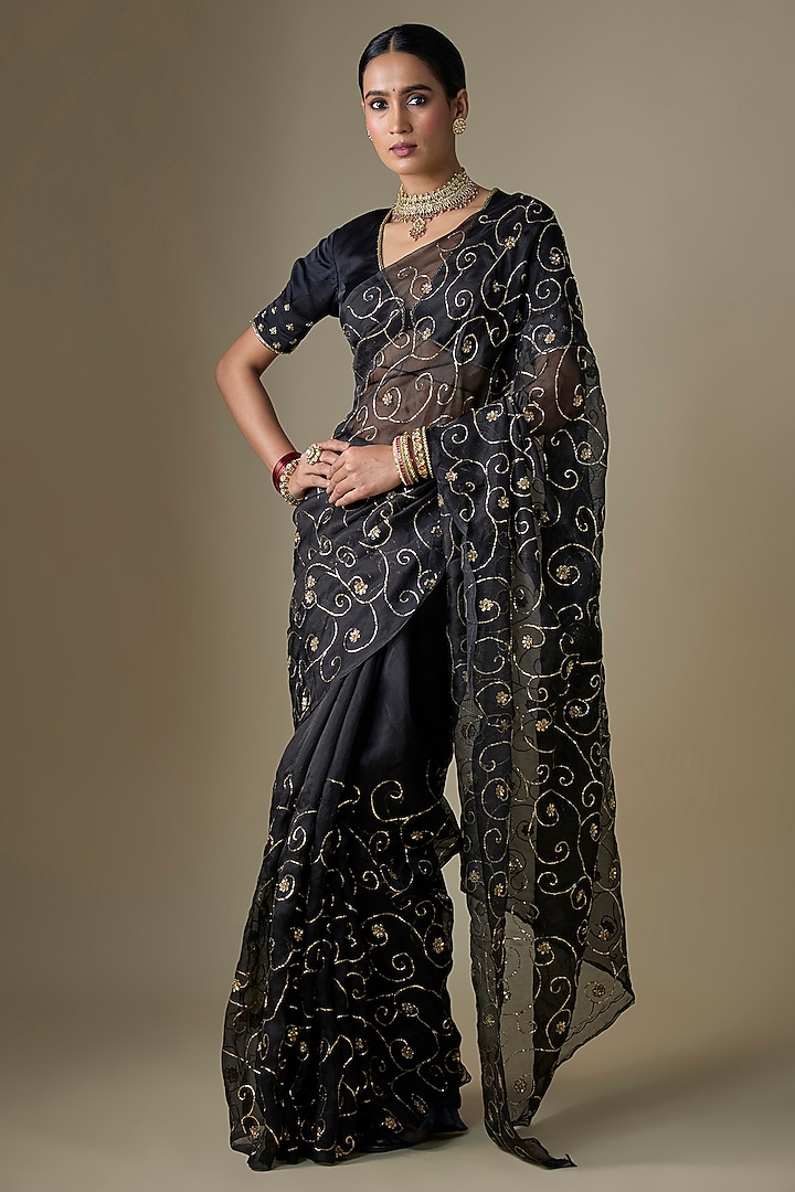 Black Pure Silk Organza Pitta Hand Embroidered Wedding Saree Set by Ranbir Mukherjee at Pernia's Pop Up Shop