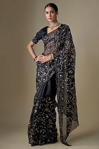 Black Pure Silk Organza Pitta Hand Embroidered Saree Set by Ranbir Mukherjee