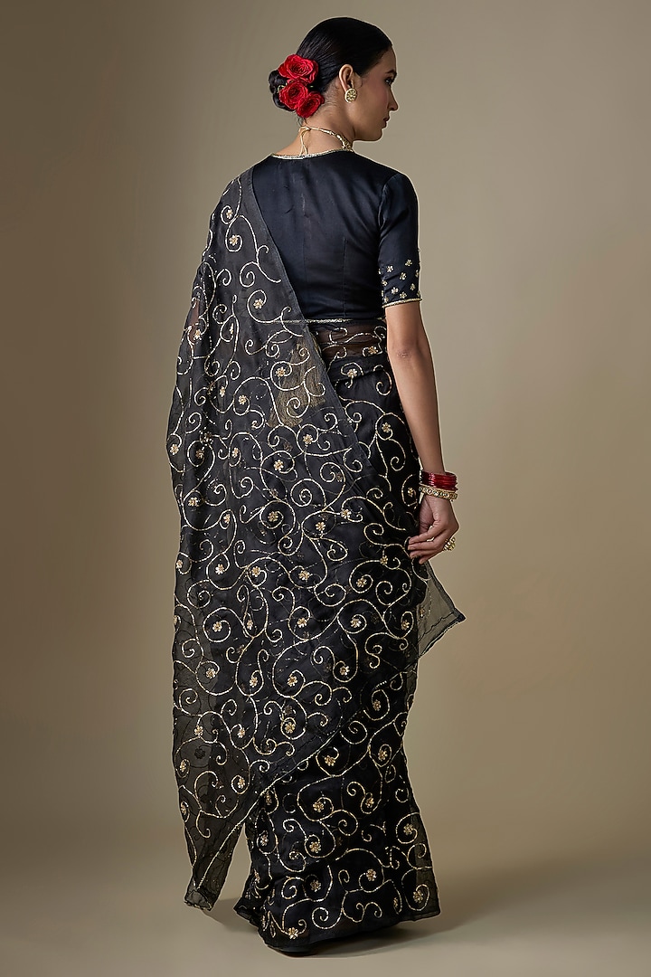 Black Pure Silk Organza Pitta Hand Embroidered Wedding Saree Set by Ranbir Mukherjee at Pernia's Pop Up Shop