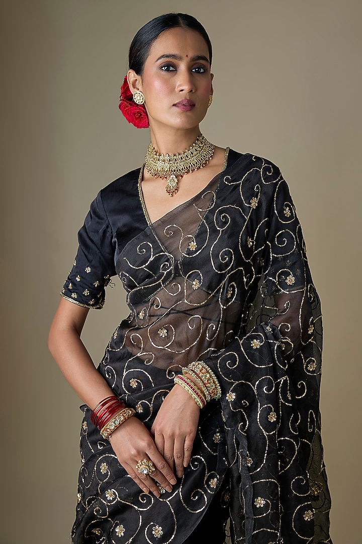 Black Pure Silk Organza Pitta Hand Embroidered Wedding Saree Set by Ranbir Mukherjee at Pernia's Pop Up Shop