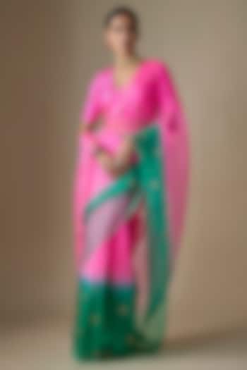 Pink & Green Pure Silk Organza Boota Hand Embroidered Wedding Saree Set by Ranbir Mukherjee at Pernia's Pop Up Shop