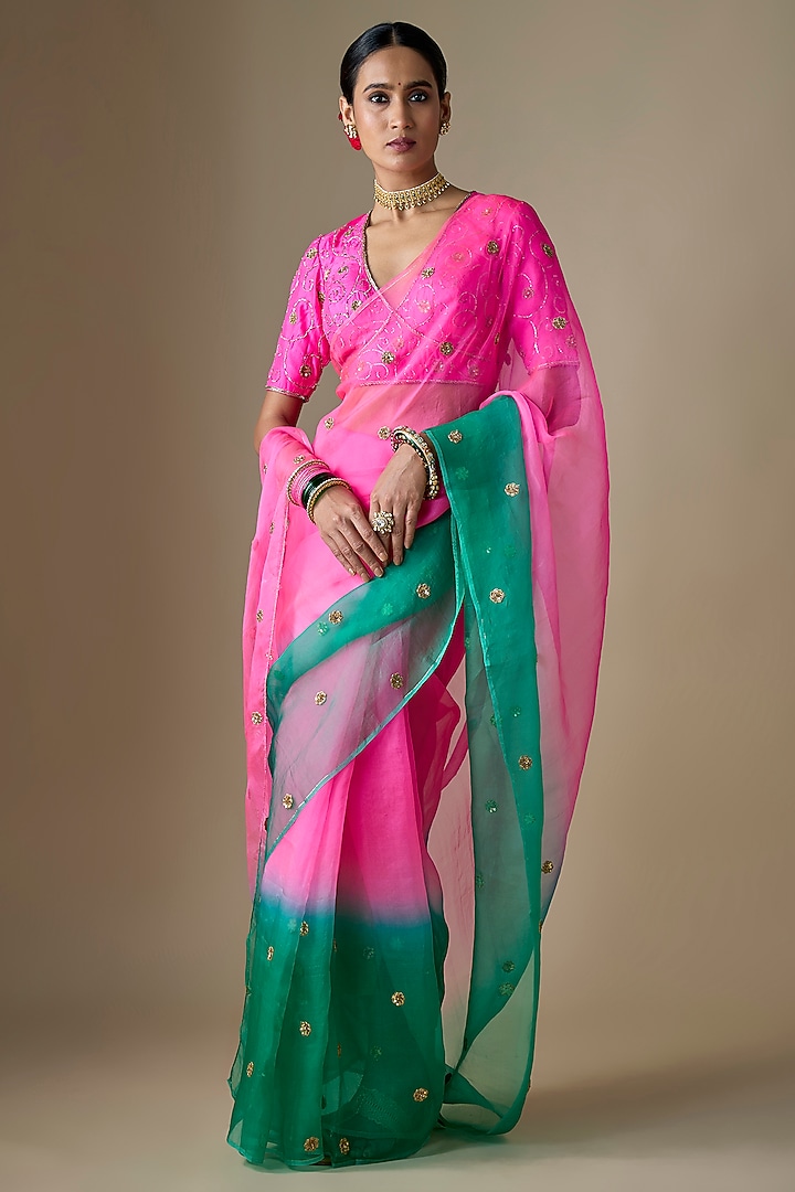 Pink & Green Pure Silk Organza Boota Hand Embroidered Wedding Saree Set by Ranbir Mukherjee at Pernia's Pop Up Shop