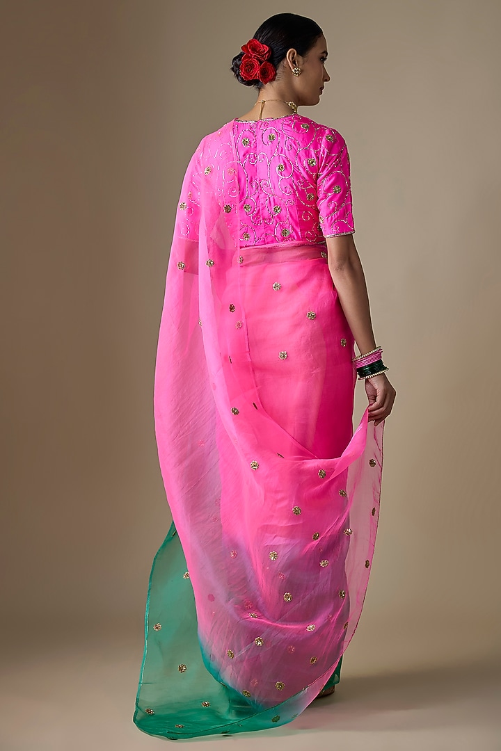 Pink & Green Pure Silk Organza Boota Hand Embroidered Wedding Saree Set by Ranbir Mukherjee at Pernia's Pop Up Shop