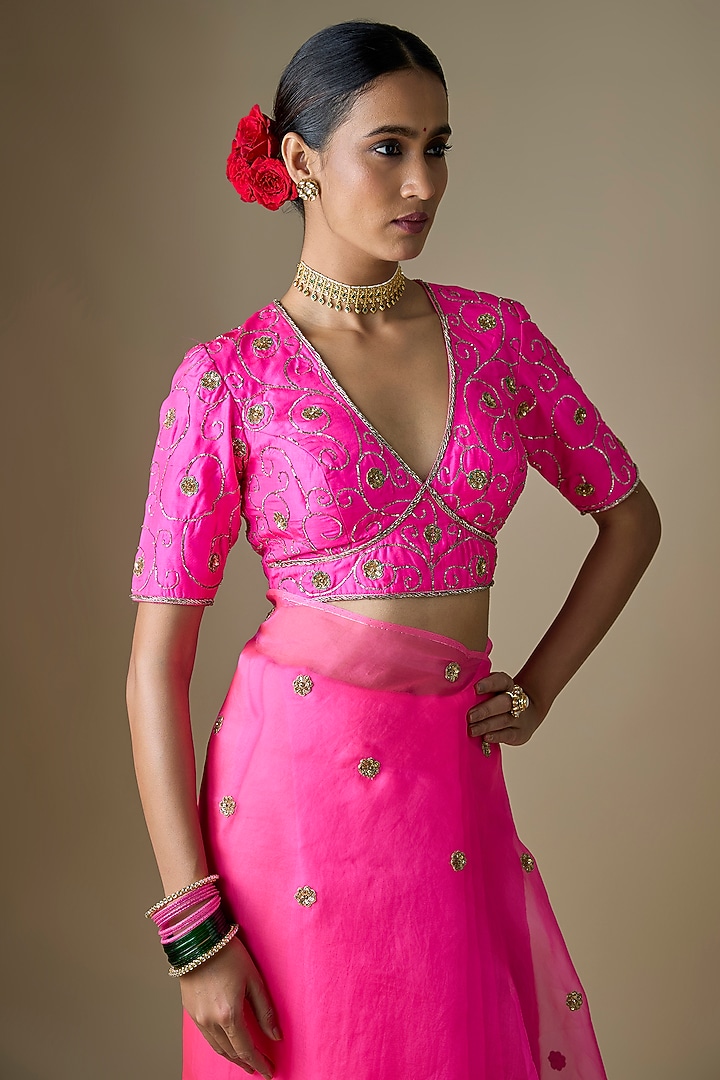 Pink & Green Pure Silk Organza Boota Hand Embroidered Wedding Saree Set by Ranbir Mukherjee at Pernia's Pop Up Shop