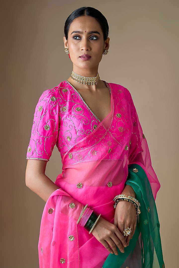 Pink & Green Pure Silk Organza Boota Hand Embroidered Wedding Saree Set by Ranbir Mukherjee at Pernia's Pop Up Shop