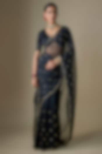 Black Pure Silk Organza Boota Hand Embroidered Wedding Saree Set by Ranbir Mukherjee at Pernia's Pop Up Shop