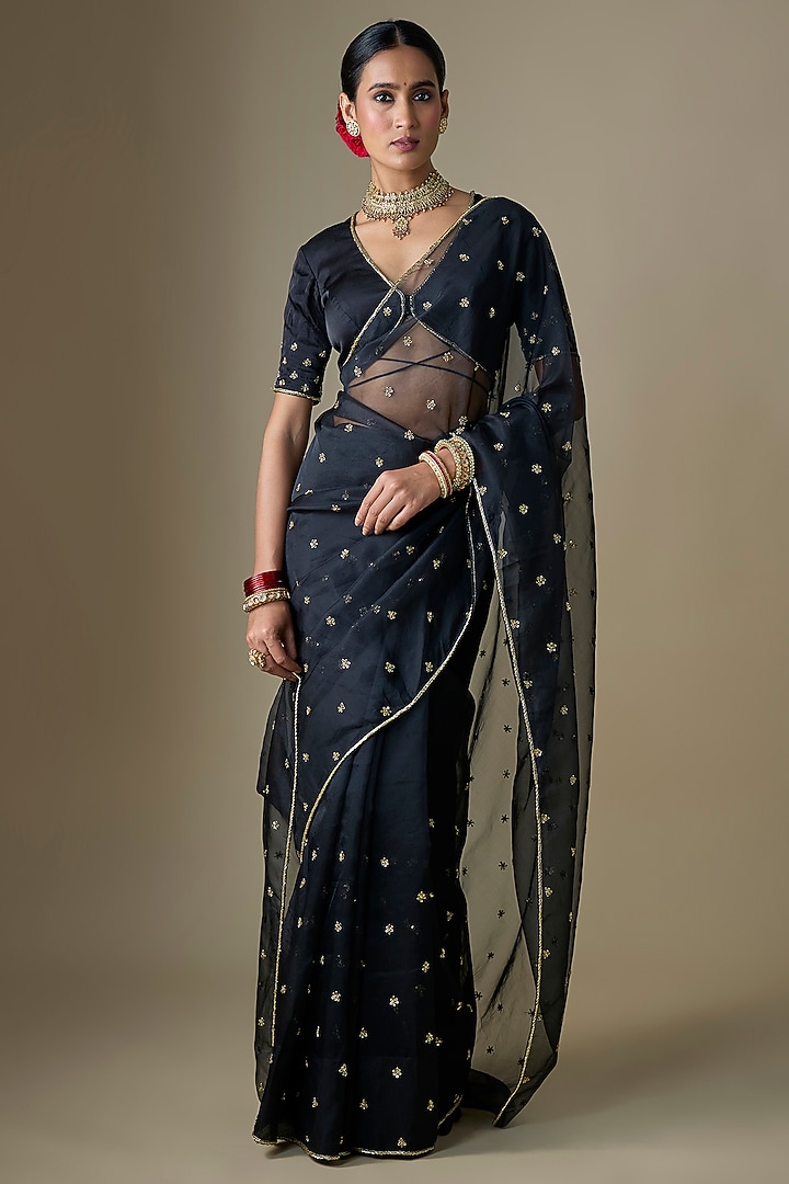 Black Pure Silk Organza Boota Hand Embroidered Wedding Saree Set by Ranbir Mukherjee at Pernia's Pop Up Shop