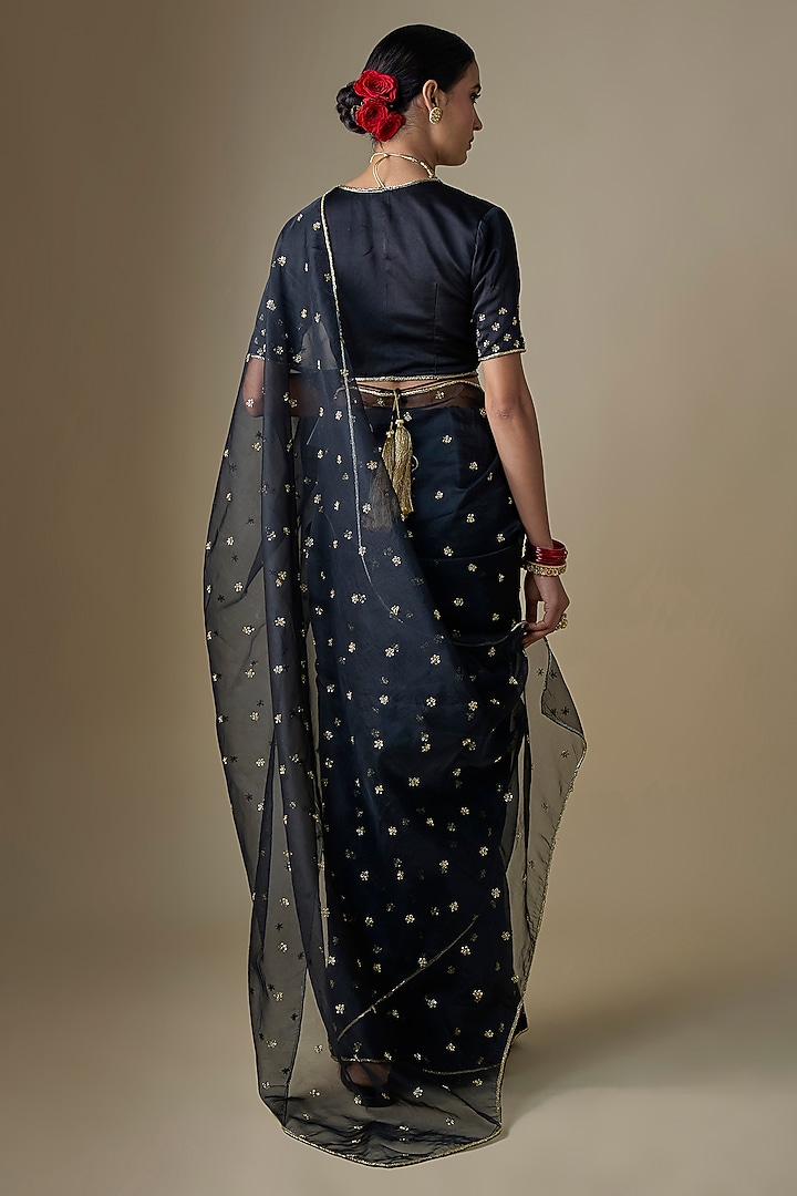 Black Pure Silk Organza Boota Hand Embroidered Wedding Saree Set by Ranbir Mukherjee at Pernia's Pop Up Shop