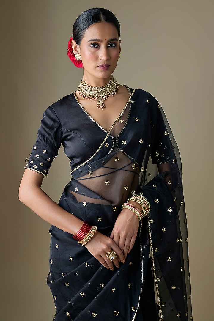 Black Pure Silk Organza Boota Hand Embroidered Wedding Saree Set by Ranbir Mukherjee at Pernia's Pop Up Shop
