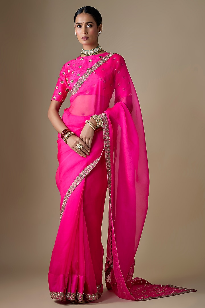 Rani Pink Pure Silk Organza Wedding Saree Set by Ranbir Mukherjee at Pernia's Pop Up Shop
