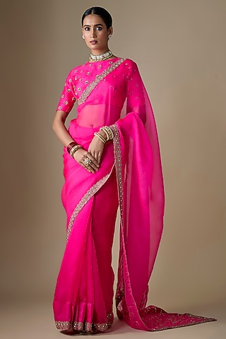 Rani Pink Pure Silk Organza Saree Set by Ranbir Mukherjee