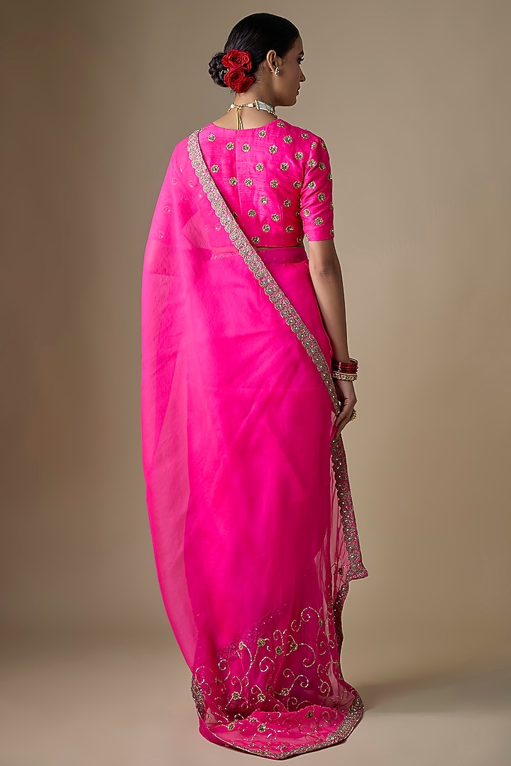 Rani Pink Pure Silk Organza Wedding Saree Set by Ranbir Mukherjee at Pernia's Pop Up Shop