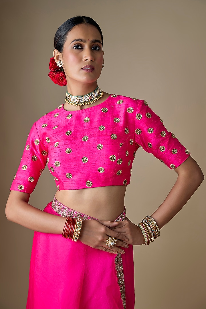 Rani Pink Pure Silk Organza Wedding Saree Set by Ranbir Mukherjee at Pernia's Pop Up Shop