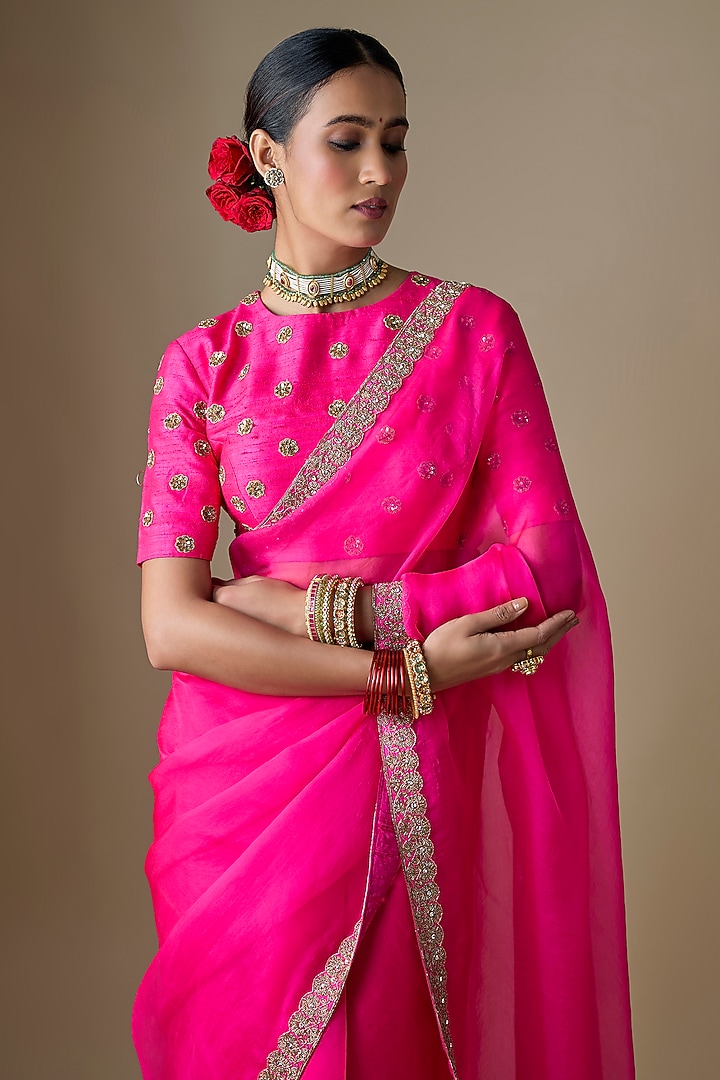 Rani Pink Pure Silk Organza Wedding Saree Set by Ranbir Mukherjee at Pernia's Pop Up Shop