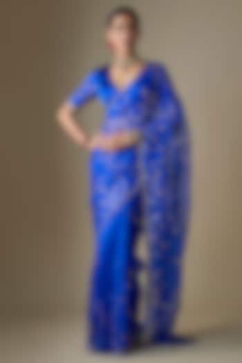 Royal Blue Pure Silk Organza Pitta Hand Embroidered Wedding Saree Set by Ranbir Mukherjee at Pernia's Pop Up Shop
