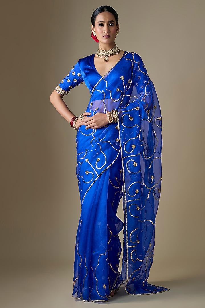 Royal Blue Pure Silk Organza Pitta Hand Embroidered Wedding Saree Set by Ranbir Mukherjee at Pernia's Pop Up Shop