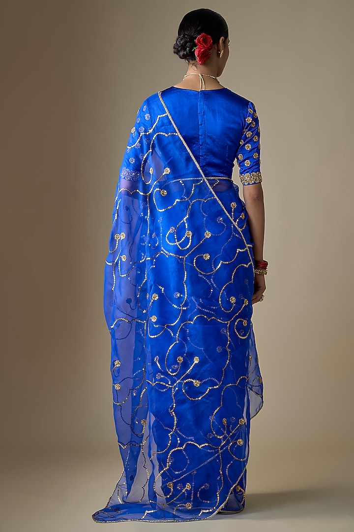 Royal Blue Pure Silk Organza Pitta Hand Embroidered Wedding Saree Set by Ranbir Mukherjee at Pernia's Pop Up Shop