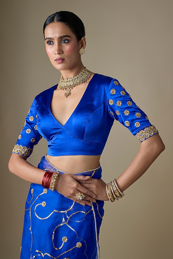Royal Blue Pure Silk Organza Pitta Hand Embroidered Wedding Saree Set by Ranbir Mukherjee at Pernia's Pop Up Shop