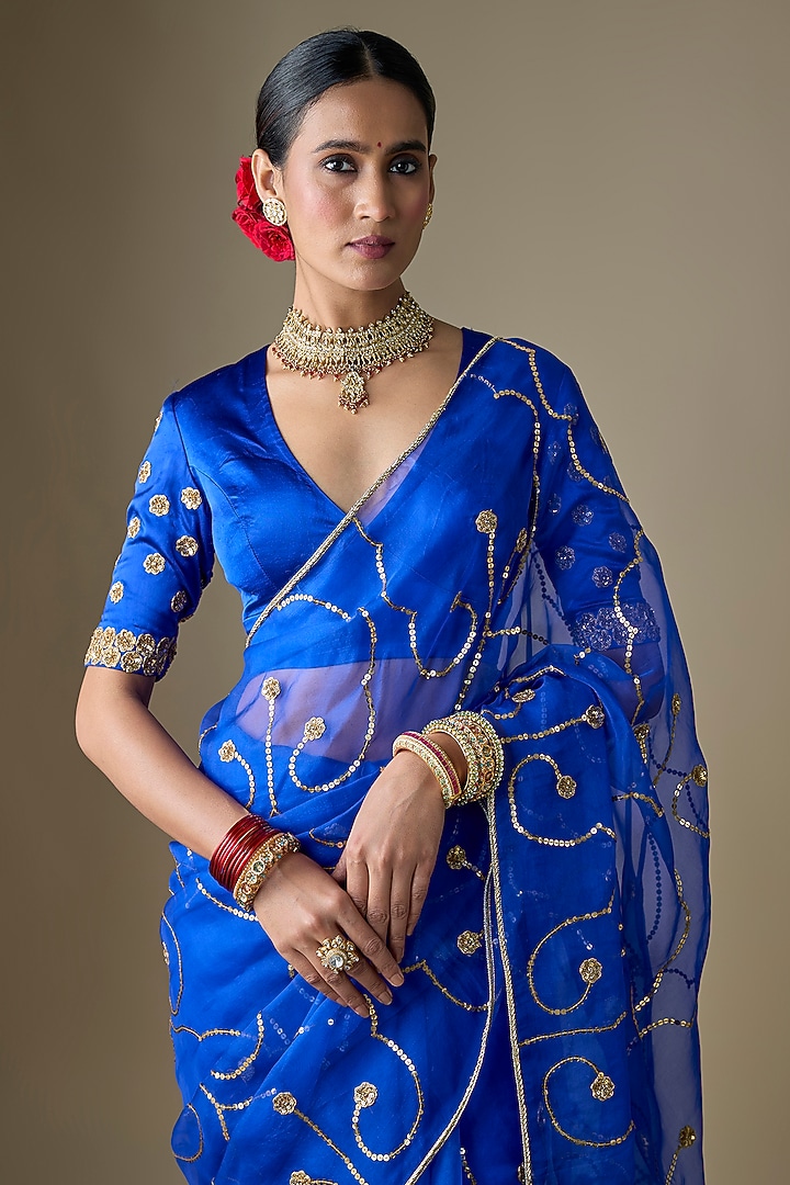 Royal Blue Pure Silk Organza Pitta Hand Embroidered Wedding Saree Set by Ranbir Mukherjee at Pernia's Pop Up Shop