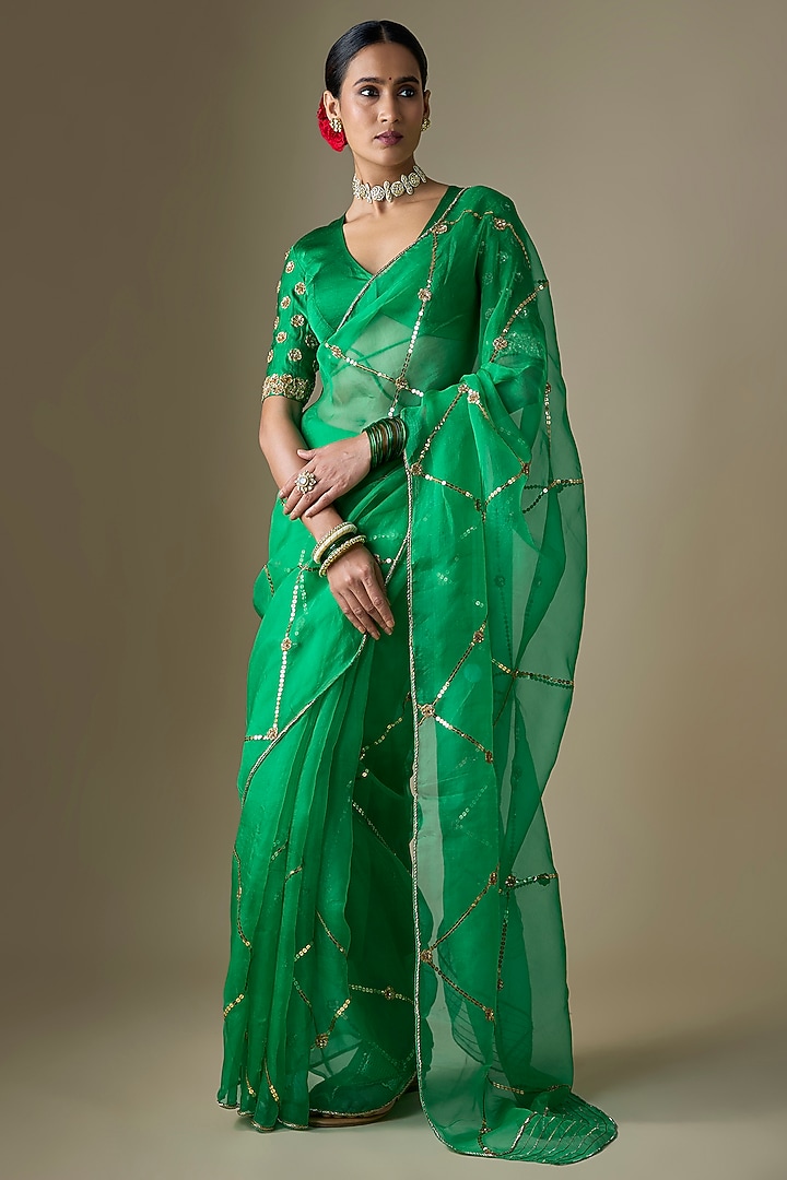 Bottle Green Pure Silk Organza Tikki Hand Embroidered Wedding Saree Set by Ranbir Mukherjee at Pernia's Pop Up Shop
