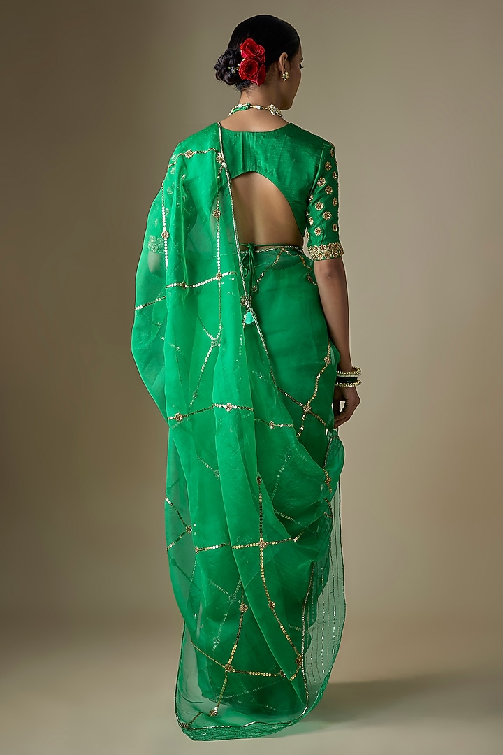 Bottle Green Pure Silk Organza Tikki Hand Embroidered Wedding Saree Set by Ranbir Mukherjee at Pernia's Pop Up Shop