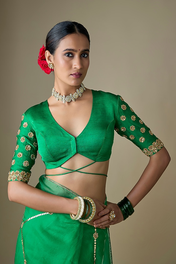 Bottle Green Pure Silk Organza Tikki Hand Embroidered Wedding Saree Set by Ranbir Mukherjee at Pernia's Pop Up Shop