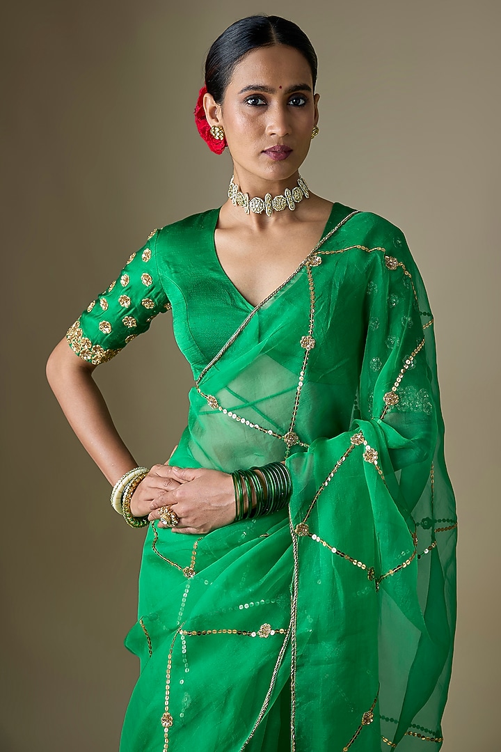 Bottle Green Pure Silk Organza Tikki Hand Embroidered Wedding Saree Set by Ranbir Mukherjee at Pernia's Pop Up Shop