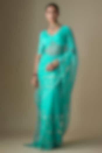 Blue Pure Silk Organza Tikki Hand Embroidered Wedding Saree Set by Ranbir Mukherjee at Pernia's Pop Up Shop