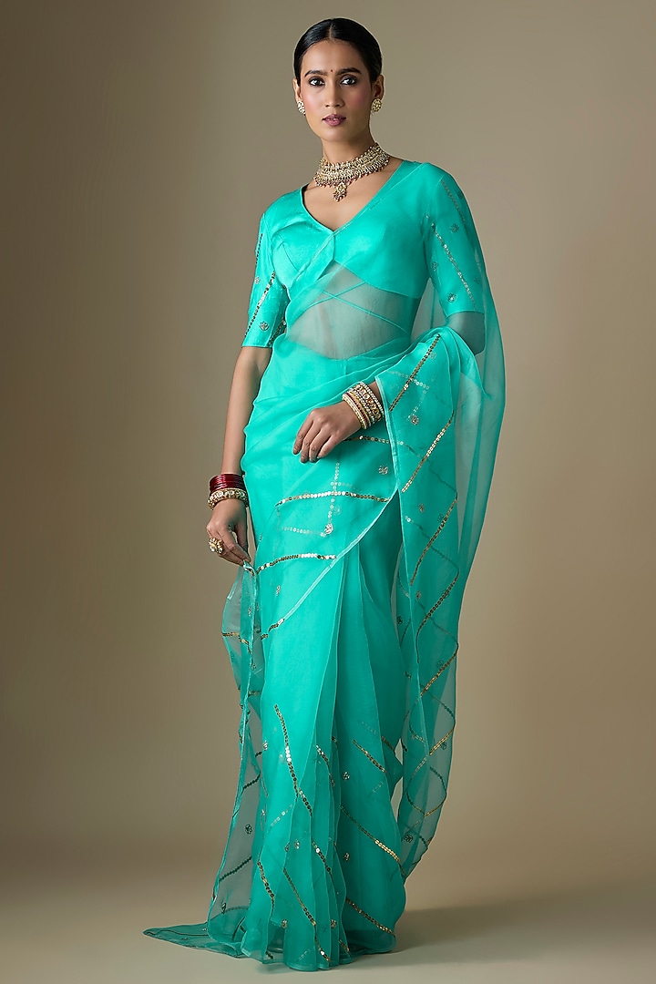 Blue Pure Silk Organza Tikki Hand Embroidered Wedding Saree Set by Ranbir Mukherjee at Pernia's Pop Up Shop