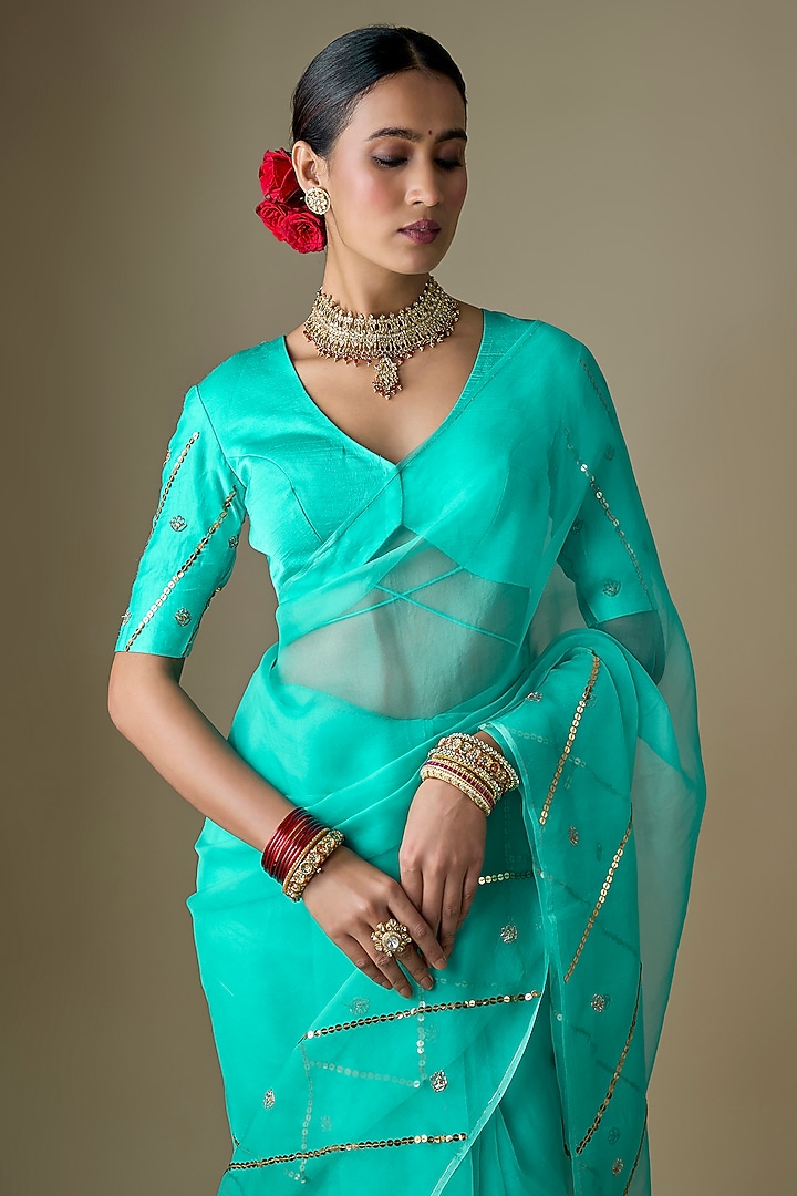 Blue Pure Silk Organza Tikki Hand Embroidered Wedding Saree Set by Ranbir Mukherjee at Pernia's Pop Up Shop