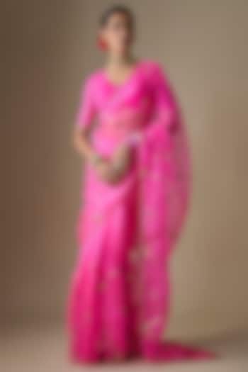 Neon Pink Silk Organza Jaal Hand Embroidered Wedding Saree Set by Ranbir Mukherjee at Pernia's Pop Up Shop