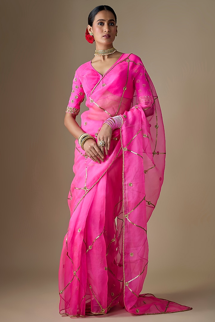 Neon Pink Silk Organza Jaal Hand Embroidered Wedding Saree Set by Ranbir Mukherjee at Pernia's Pop Up Shop