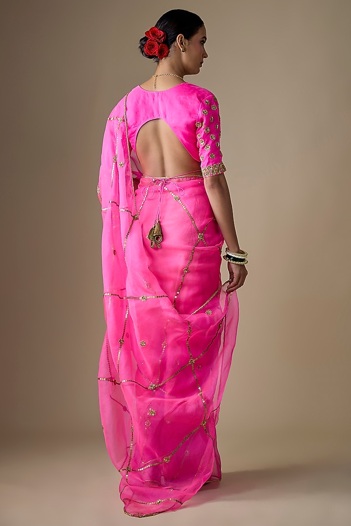 Neon Pink Silk Organza Jaal Hand Embroidered Wedding Saree Set by Ranbir Mukherjee at Pernia's Pop Up Shop