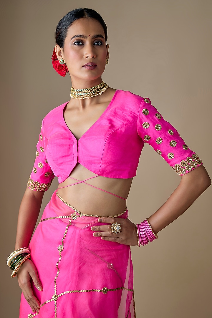 Neon Pink Silk Organza Jaal Hand Embroidered Wedding Saree Set by Ranbir Mukherjee at Pernia's Pop Up Shop