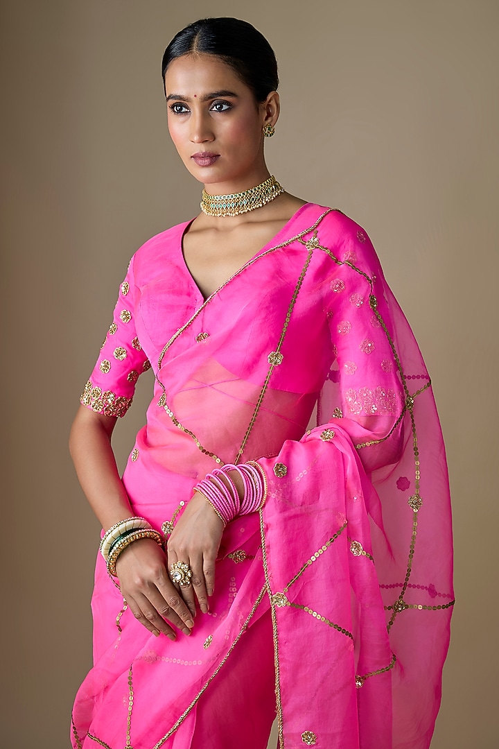 Neon Pink Silk Organza Jaal Hand Embroidered Wedding Saree Set by Ranbir Mukherjee at Pernia's Pop Up Shop