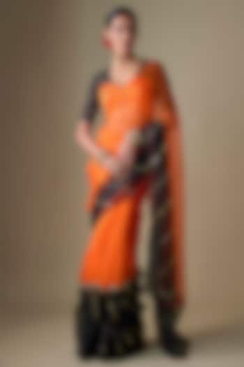 Black & Orange Pure Silk Organza Tikki Hand Embroidered Wedding Saree Set by Ranbir Mukherjee at Pernia's Pop Up Shop