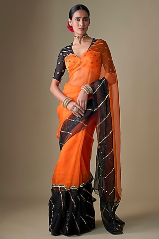 Black & Orange Pure Silk Organza Tikki Hand Embroidered Saree Set by Ranbir Mukherjee