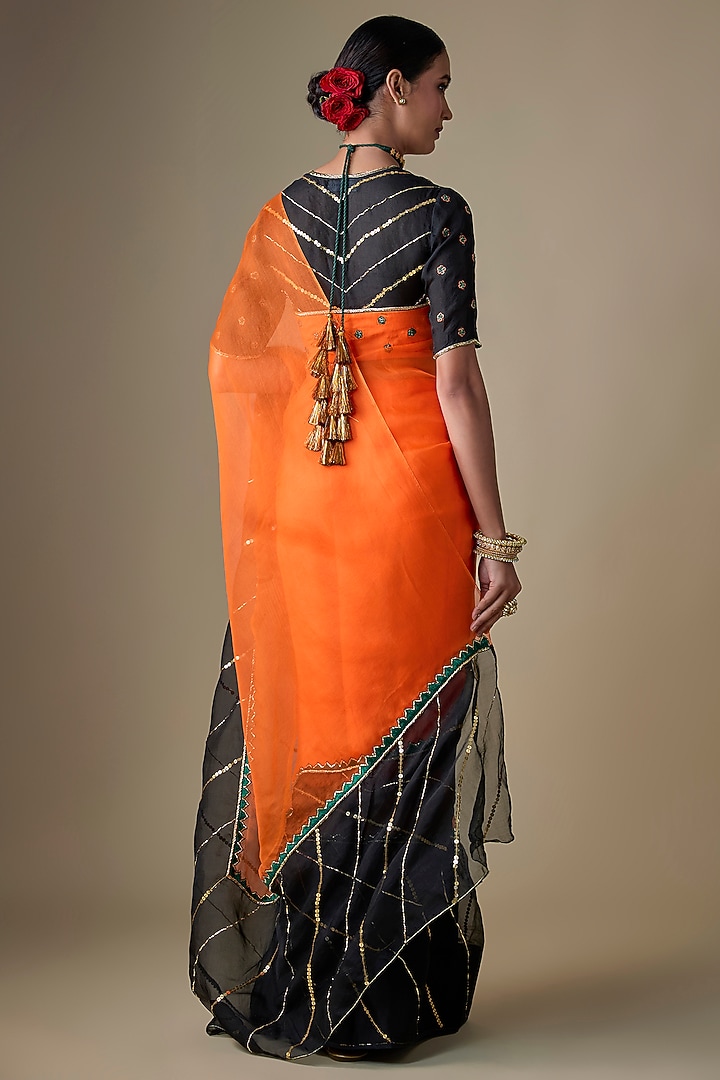 Black & Orange Pure Silk Organza Tikki Hand Embroidered Wedding Saree Set by Ranbir Mukherjee at Pernia's Pop Up Shop