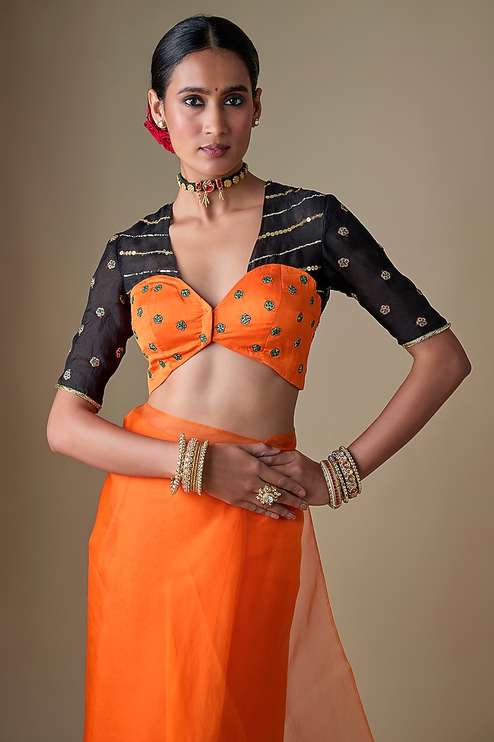 Black & Orange Pure Silk Organza Tikki Hand Embroidered Wedding Saree Set by Ranbir Mukherjee at Pernia's Pop Up Shop