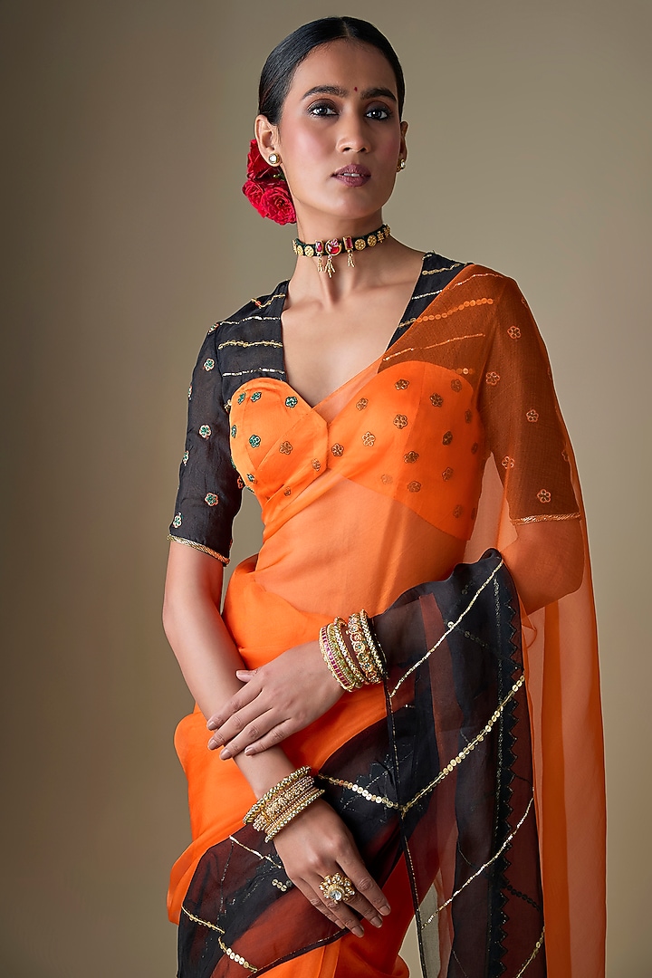 Black & Orange Pure Silk Organza Tikki Hand Embroidered Wedding Saree Set by Ranbir Mukherjee at Pernia's Pop Up Shop