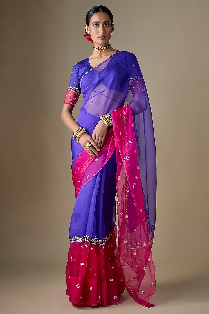 Pink & Purple Pure Silk Organza Hand Embroidered Wedding Saree Set by Ranbir Mukherjee at Pernia's Pop Up Shop