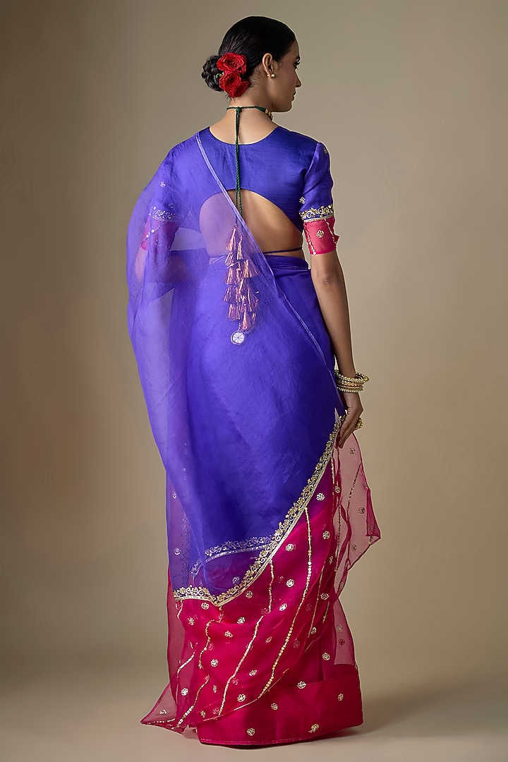 Pink & Purple Pure Silk Organza Hand Embroidered Wedding Saree Set by Ranbir Mukherjee at Pernia's Pop Up Shop