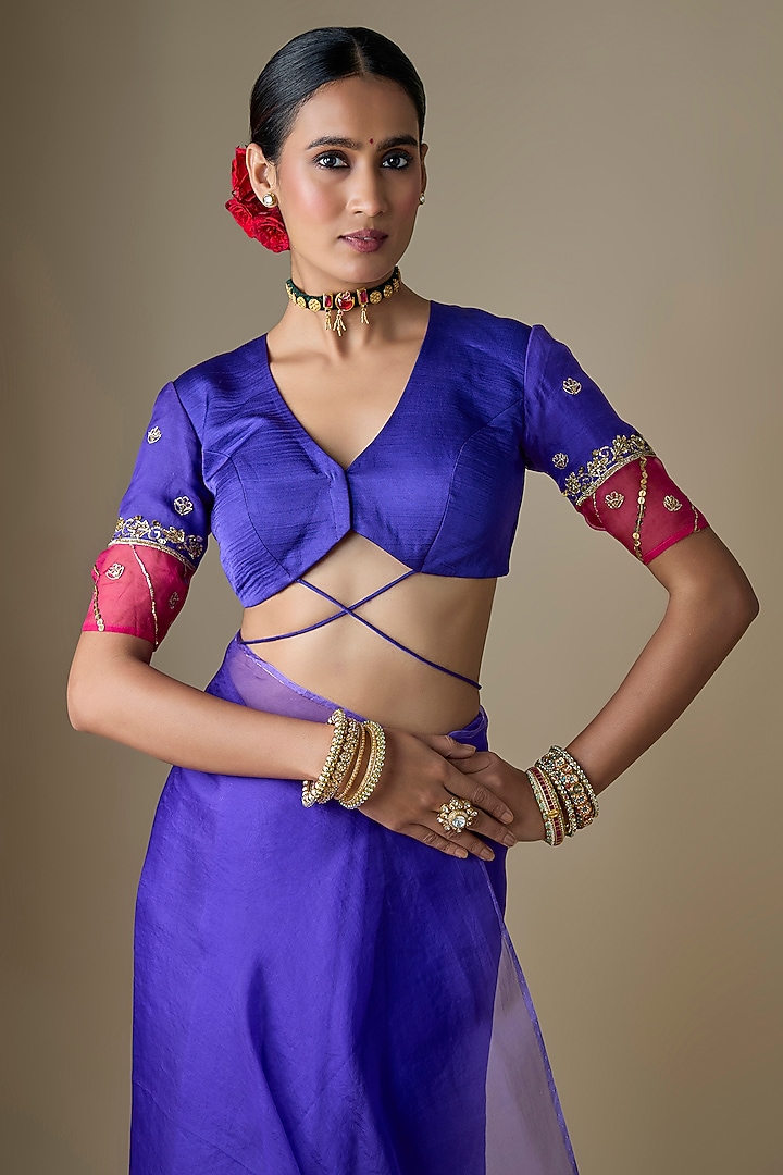 Pink & Purple Pure Silk Organza Hand Embroidered Wedding Saree Set by Ranbir Mukherjee at Pernia's Pop Up Shop