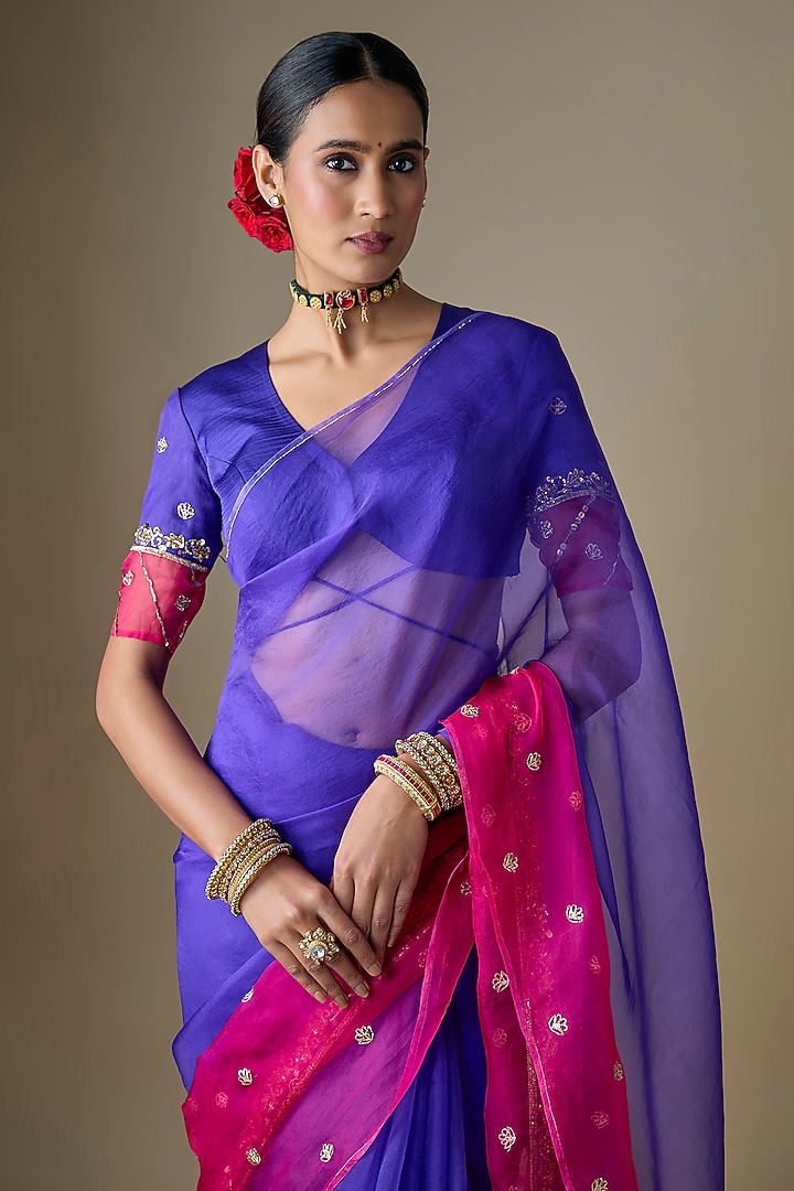 Pink & Purple Pure Silk Organza Hand Embroidered Wedding Saree Set by Ranbir Mukherjee at Pernia's Pop Up Shop