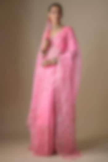 Light Pink Pure Silk Organza Pitta Hand Embroidered Wedding Saree Set by Ranbir Mukherjee at Pernia's Pop Up Shop