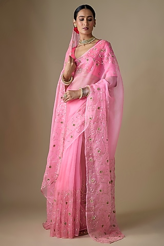 Light Pink Pure Silk Organza Pitta Hand Embroidered Saree Set by Ranbir Mukherjee
