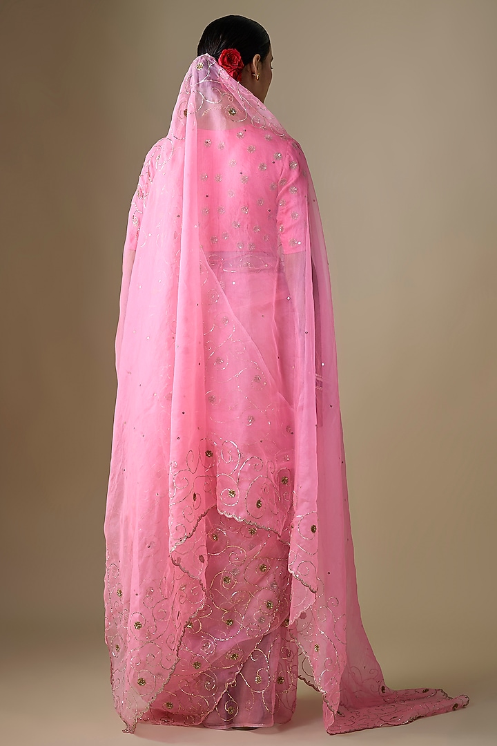 Light Pink Pure Silk Organza Pitta Hand Embroidered Wedding Saree Set by Ranbir Mukherjee at Pernia's Pop Up Shop